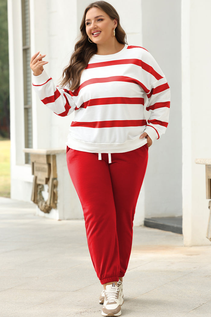 Red Stripe Drop Shoulder Pullover and Jogger Pants Set 🇨🇳
