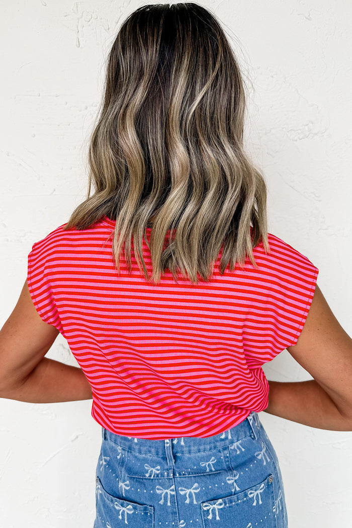 Red Stripe Ribbed Cap Sleeve Round Neck T Shirt 🇨🇳