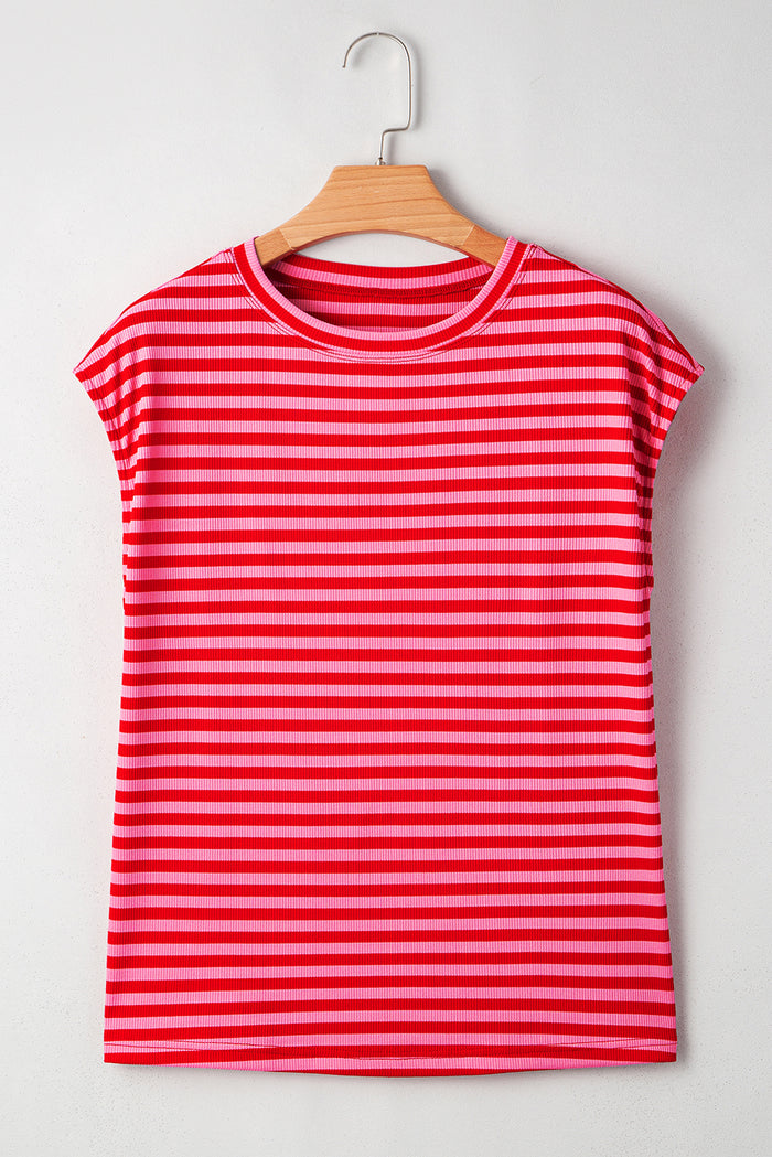 Red Stripe Ribbed Cap Sleeve Round Neck T Shirt 🇨🇳