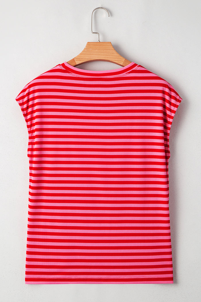Red Stripe Ribbed Cap Sleeve Round Neck T Shirt 🇨🇳
