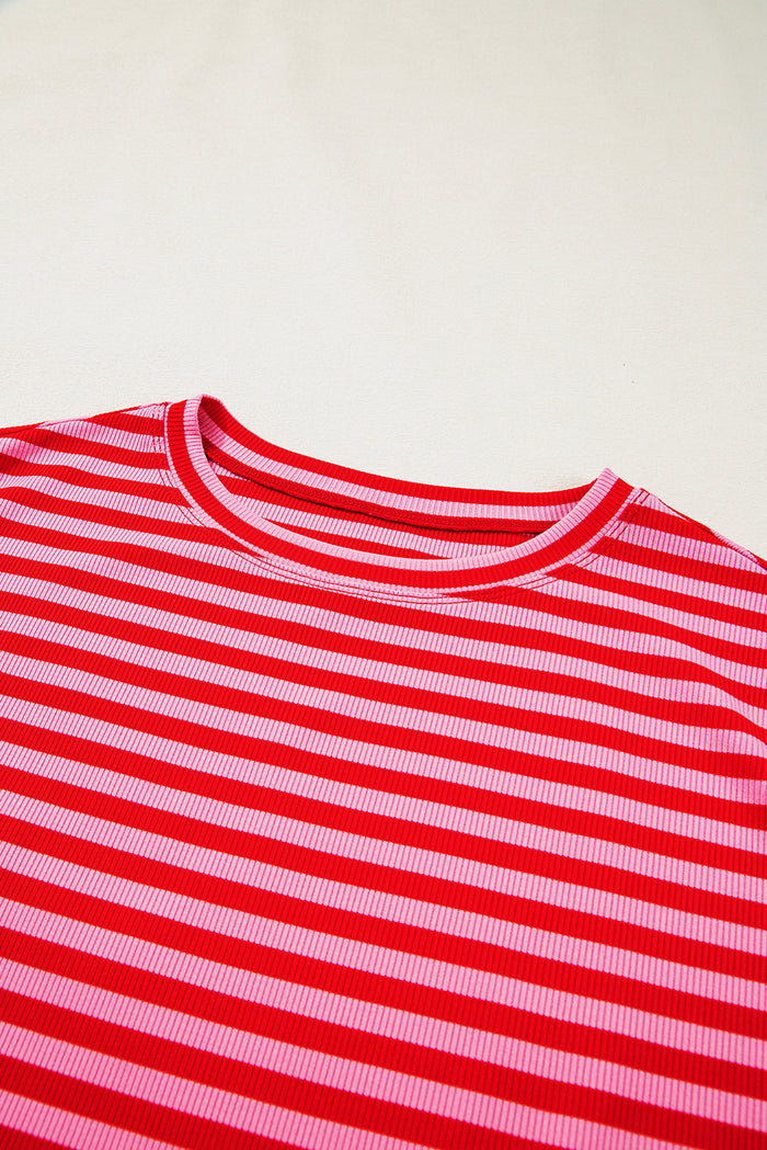 Red Stripe Ribbed Cap Sleeve Round Neck T Shirt 🇨🇳