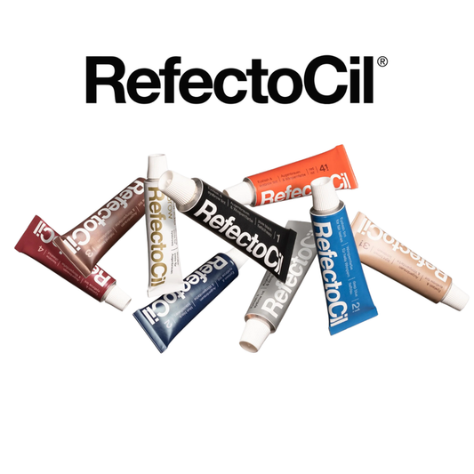 F003 Refectocil  Eyelash and Brow Tints |Seven tubes of Refectocil eyelash and brow tint in assorted colors, arranged in a fan shape below the black Refectocil brand logo on a plain white background.