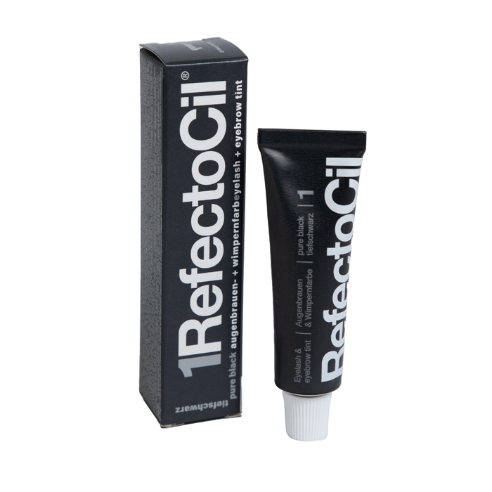 F003 Refectocil Black Eyelash and Brow Tint |A black tube and matching black box of Refectocil Black Eyebrow Tint on a plain white background.