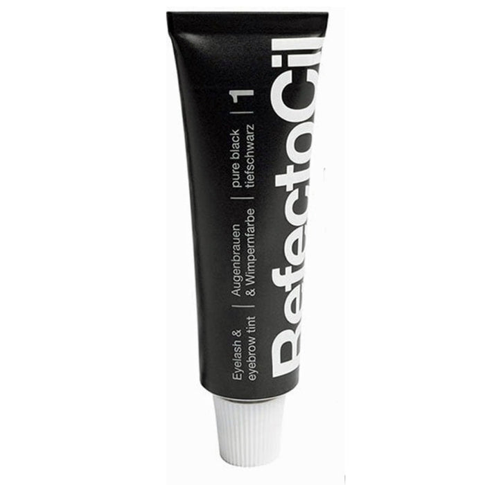 A tube of Refectocil eyelash and brow tint in black and white packaging.