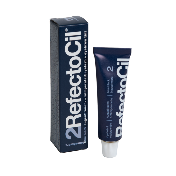 F003A Refectocil Blue Black Eyelash and Brow Tint |A tube and box of Refectocil Blue Black Eyebrow Tint, showing the dark navy packaging with white text and a white cap on a plain white background.