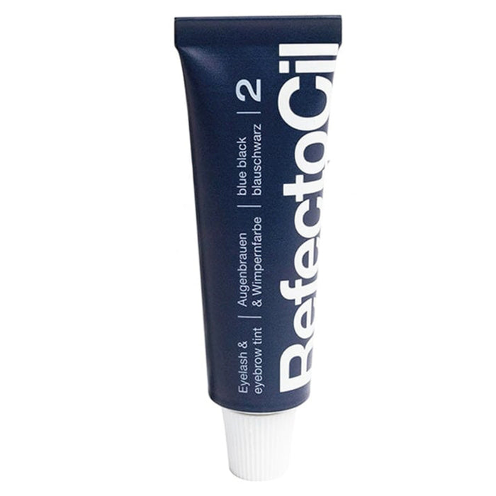 A tube of Refectocil eyelash and brow tint in blue black and white packaging.