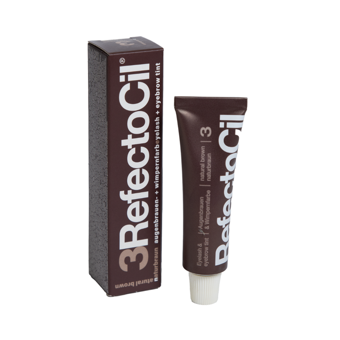 F003B Refectocil Natural Brown Eyelash and Brow Tint |A tube and box of Natural Brown Eyelash and Eyebrow Tint in natural, shown on a plain white background.