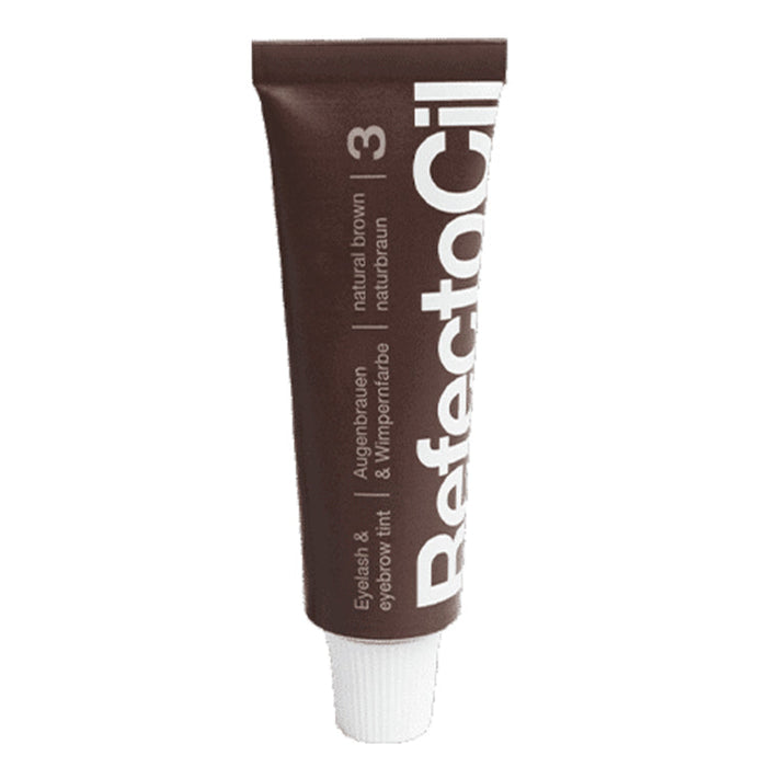 A tube of Refectocil eyelash and brow tint in natural brown and white packaging.