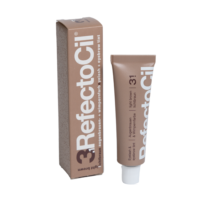 F003E Refectocil Light Brown Eyelash and Brow Tint | A tube and box of Refectocil Eyebrow and Lash Tint in Light Brown, shown on a plain white background.