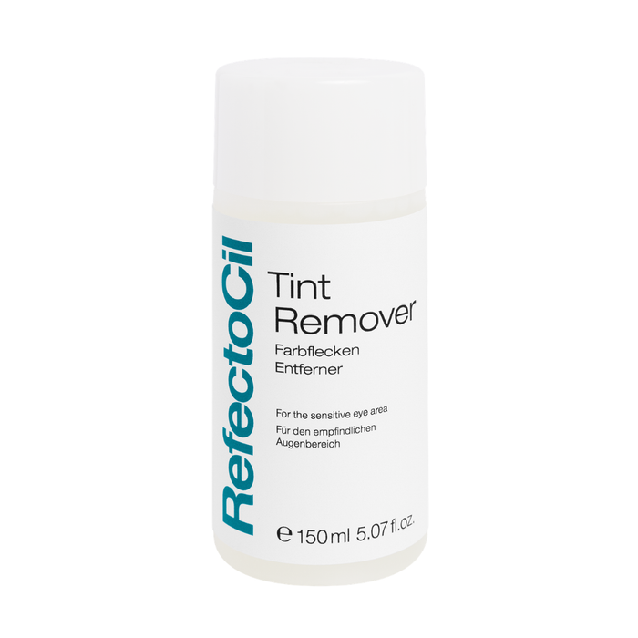 F005A Refectocil Eyebrow Tint Remover | A white cylindrical bottle of RefectoCil Tint Remover with a white cap, featuring black text and a vertical teal brand logo on a white background.