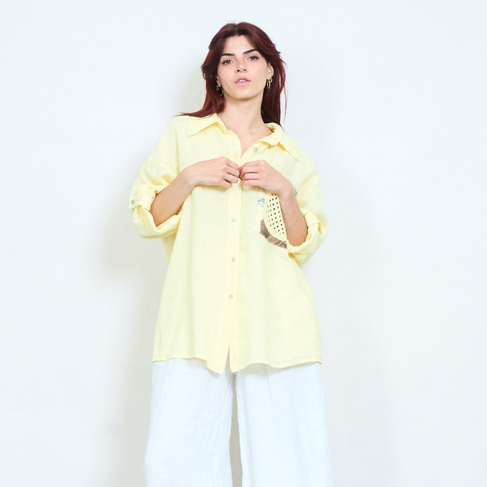 Relaxed button down blouse with crochet pocket detail wholesale