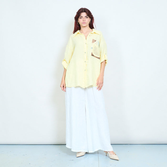 Relaxed button down blouse with crochet pocket detail wholesale