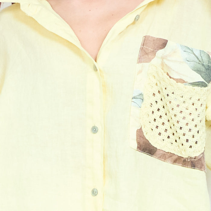 Relaxed button down blouse with crochet pocket detail wholesale