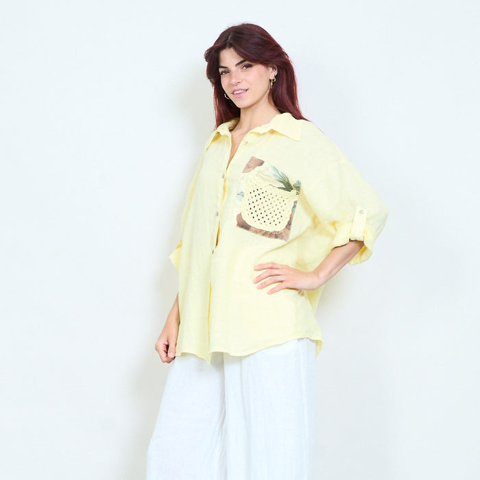 Relaxed button down blouse with crochet pocket detail wholesale