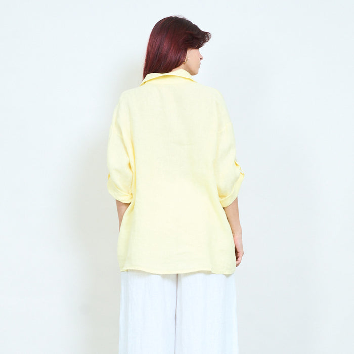 Relaxed button down blouse with crochet pocket detail wholesale