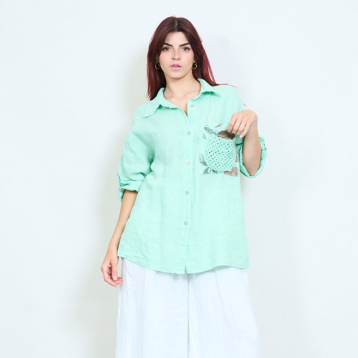 Relaxed button down blouse with crochet pocket detail wholesale