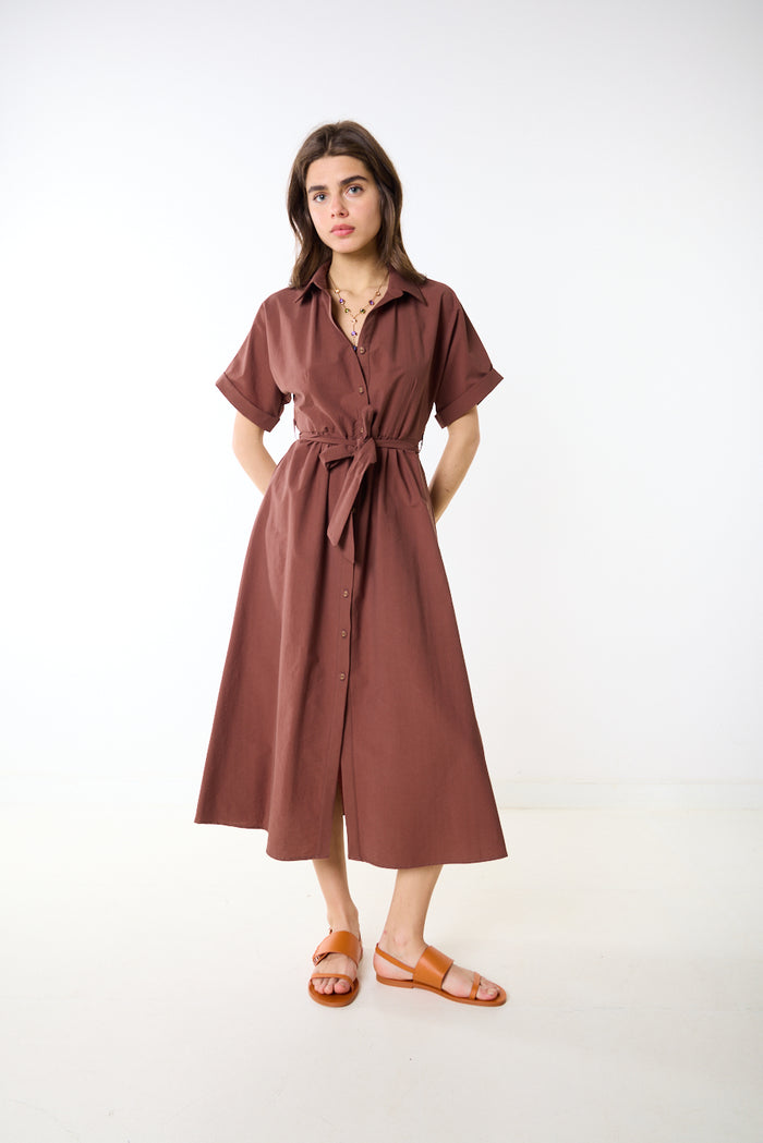 Relaxed button down tie waist midi shirt dress wholesale