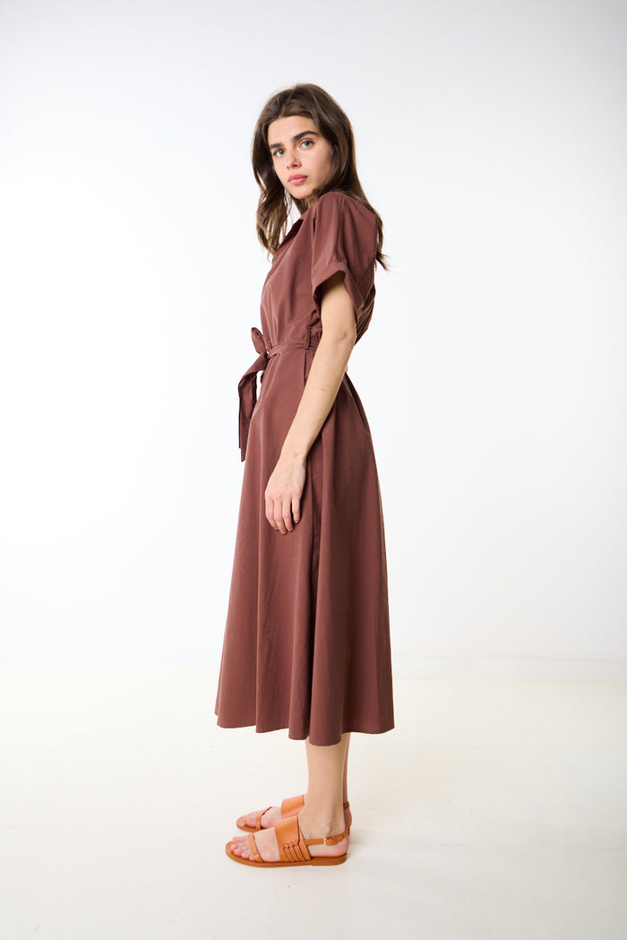 Relaxed button down tie waist midi shirt dress wholesale