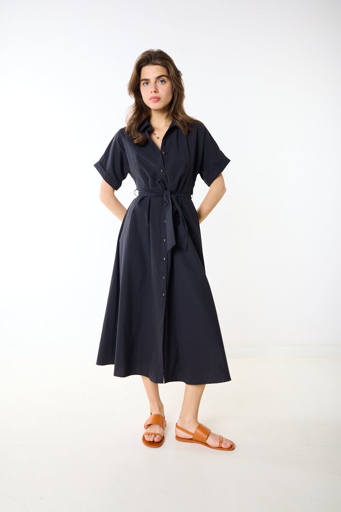 Relaxed button down tie waist midi shirt dress wholesale