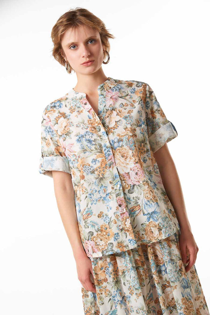 Relaxed floral print short sleeve blouse wholesale