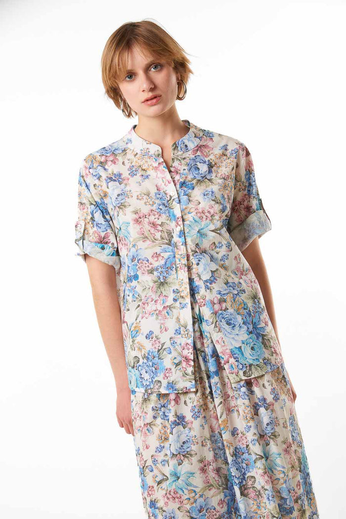 Relaxed floral print short sleeve blouse wholesale