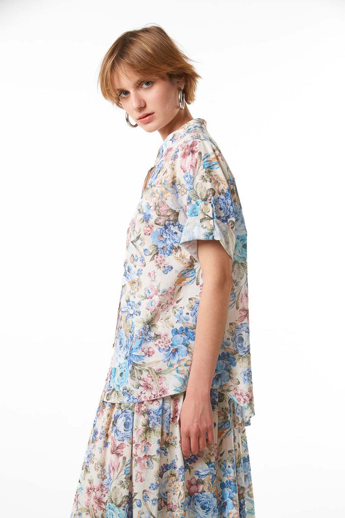 Relaxed floral print short sleeve blouse wholesale