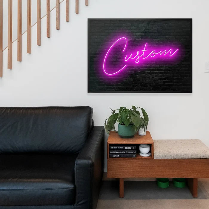 Retro Script Neon Print, personalised print framed above a living room sofa