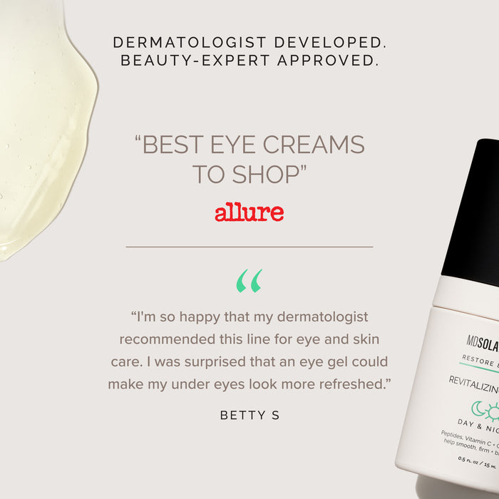 Eye cream bottle with positive reviews and endorsements