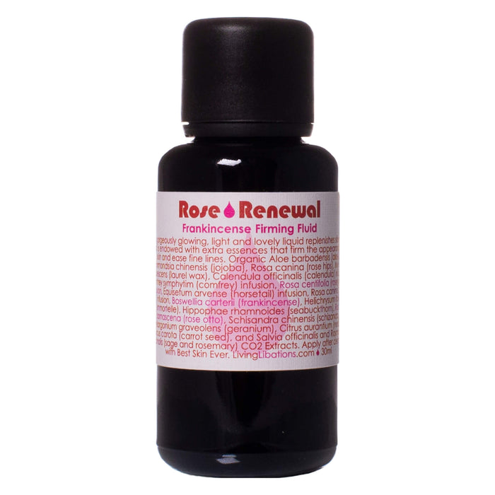 Bottle of Living Libations Rose Renewal + Frankincense Firming Fluid 30ml