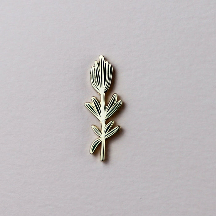 Rosemary enamel pin, silver-tone sprig with white enamel leaf lines and green accents