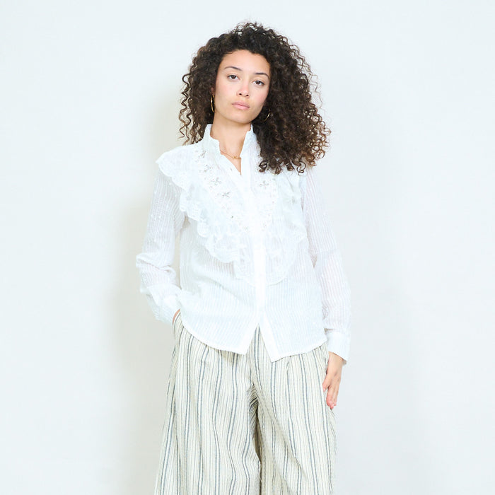 Ruffle lace panel rhinestones detailed long sleeve blouse wholesale