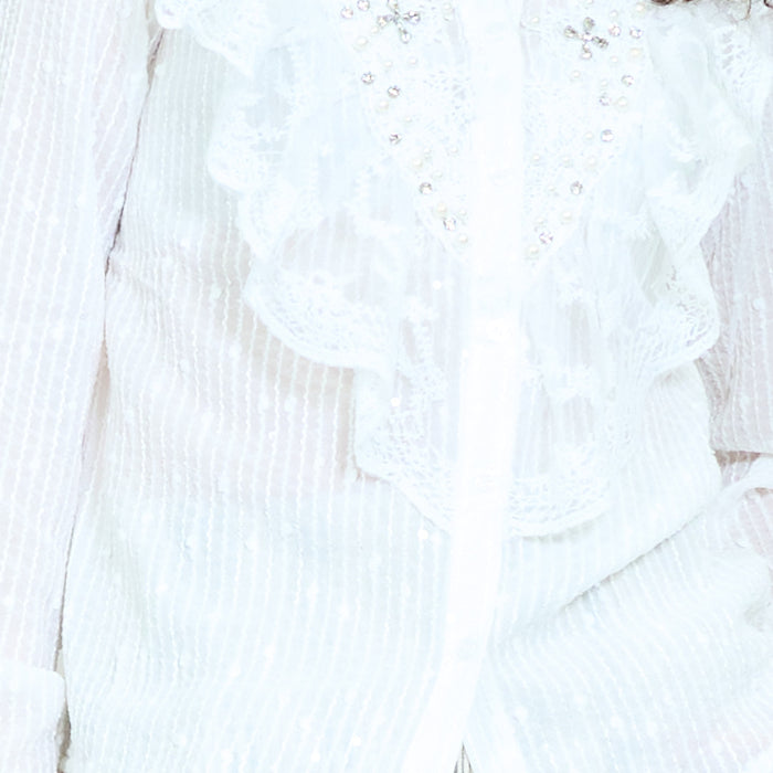 Ruffle lace panel rhinestones detailed long sleeve blouse wholesale