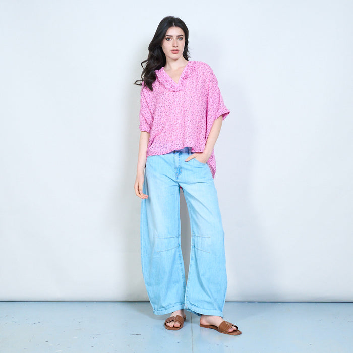 Ruffle neckline printed blouse wholesale