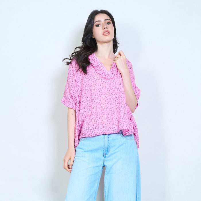 Ruffle neckline printed blouse wholesale