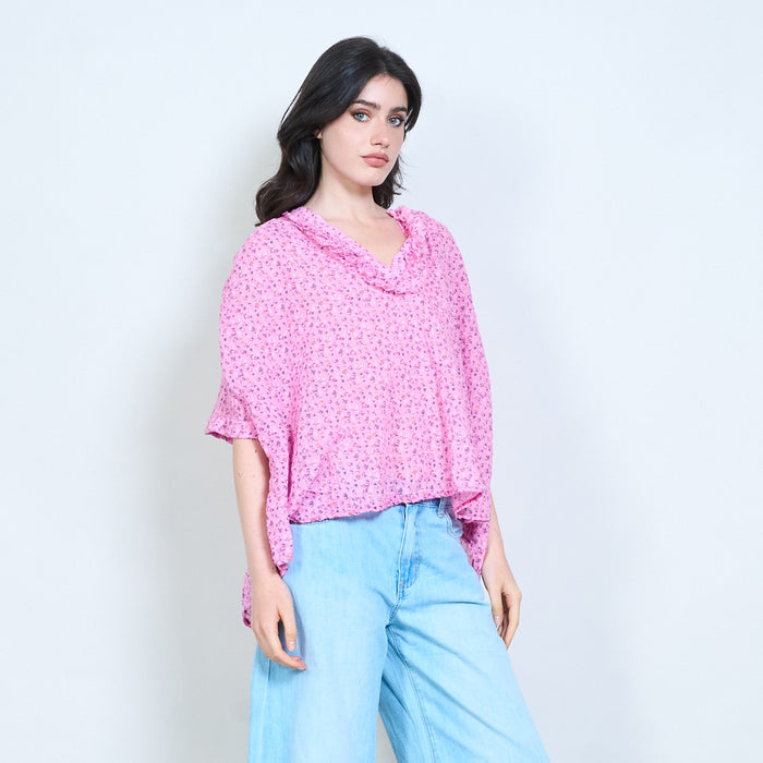 Ruffle neckline printed blouse wholesale