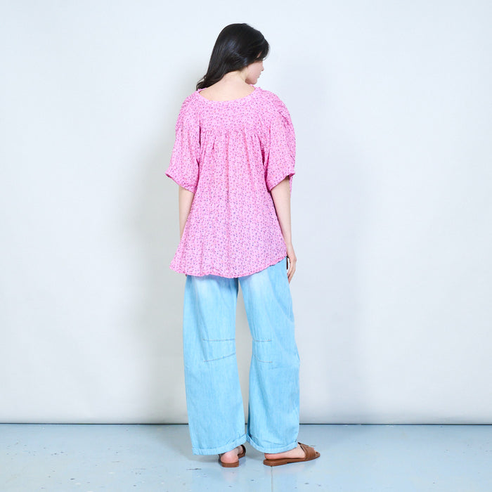 Ruffle neckline printed blouse wholesale