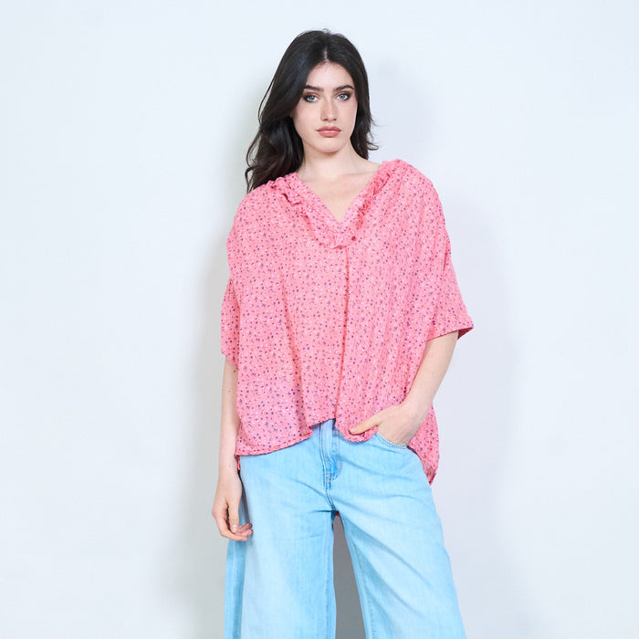 Ruffle neckline printed blouse wholesale