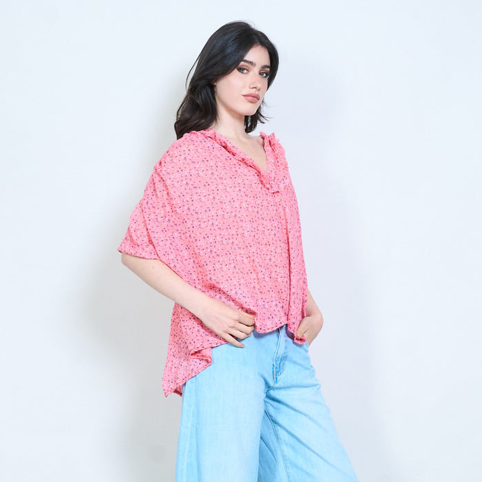 Ruffle neckline printed blouse wholesale
