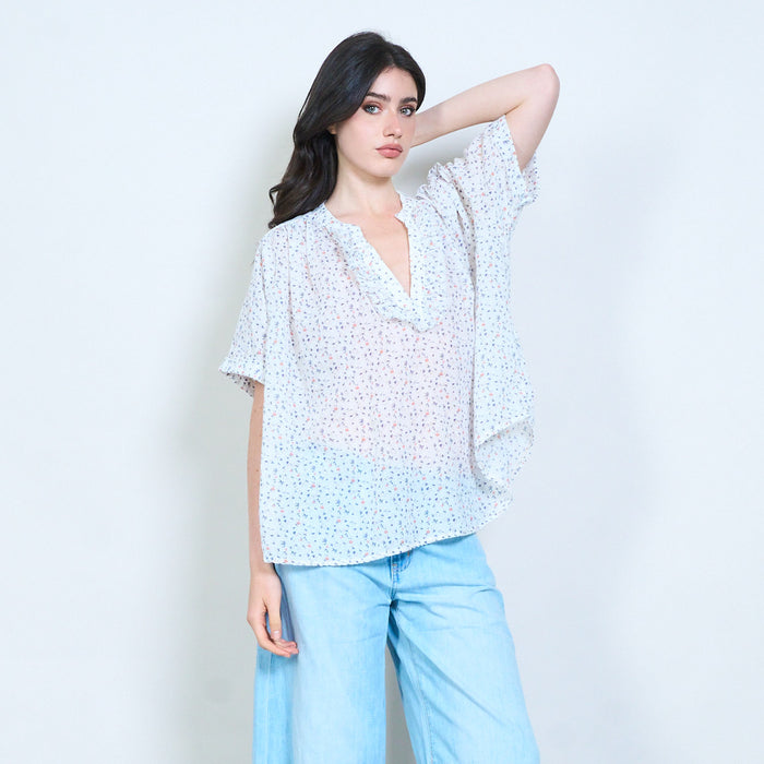 Ruffle neckline printed blouse wholesale