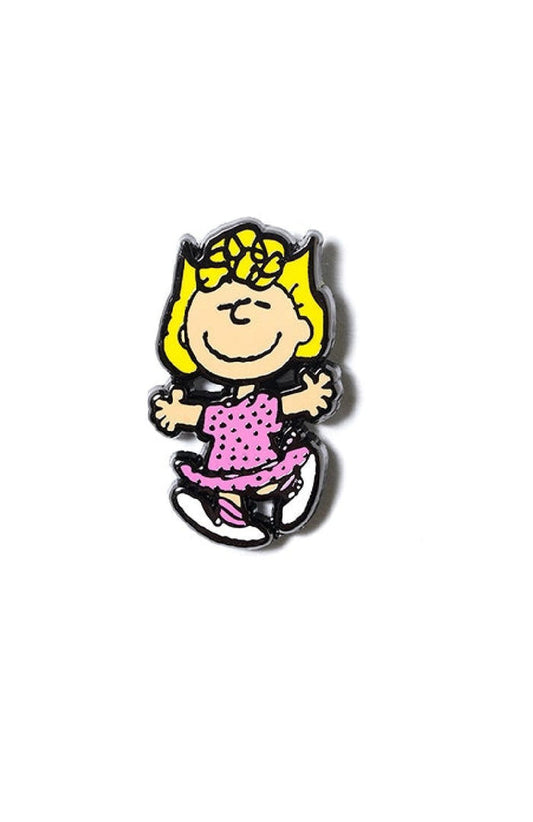 Enamel lapel pin of a smiling cartoon girl with yellow hair and pink dress