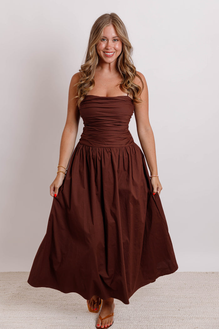 Brown Ruched Midi Dress- Flowy A-Line Midi Dress- Needii Brown Midi Dress