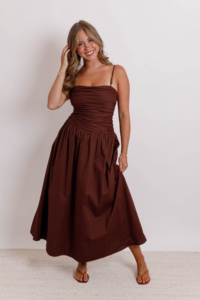 Brown Ruched Midi Dress- Flowy A-Line Midi Dress- Needii Brown Midi Dress
