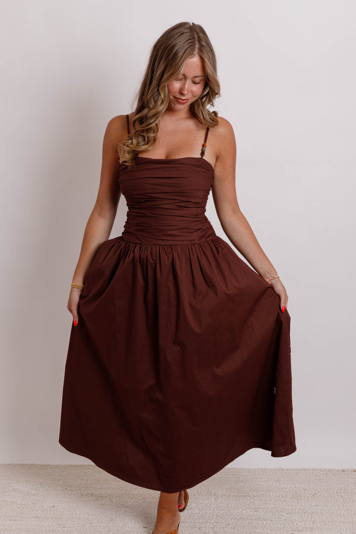 Brown Ruched Midi Dress- Flowy A-Line Midi Dress- Needii Brown Midi Dress