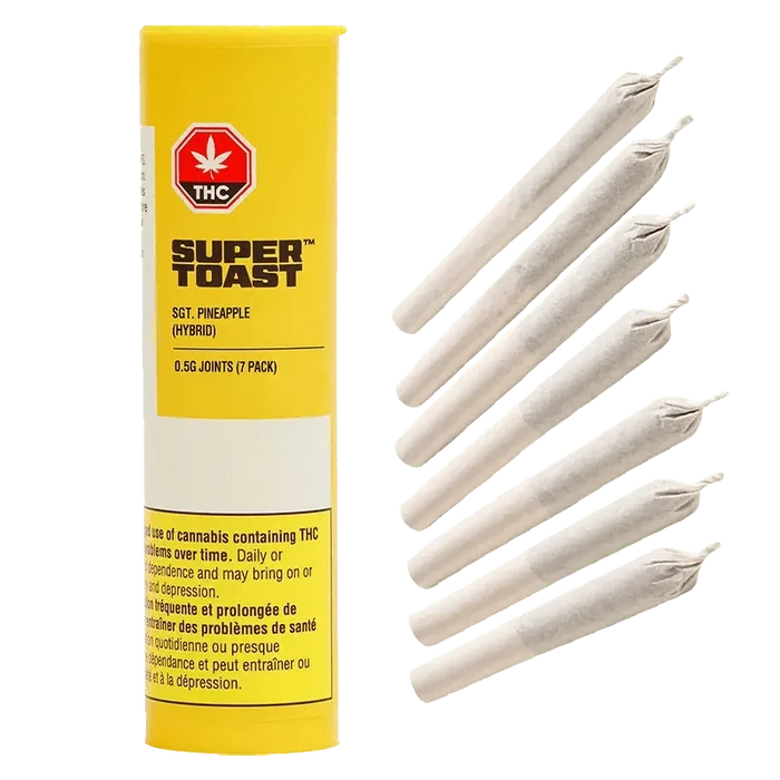 Close-up of Sgt. Pineapple Hoagies Pre Rolled 7 x 0.5 g packaging against a plain black background, displaying its branding.
