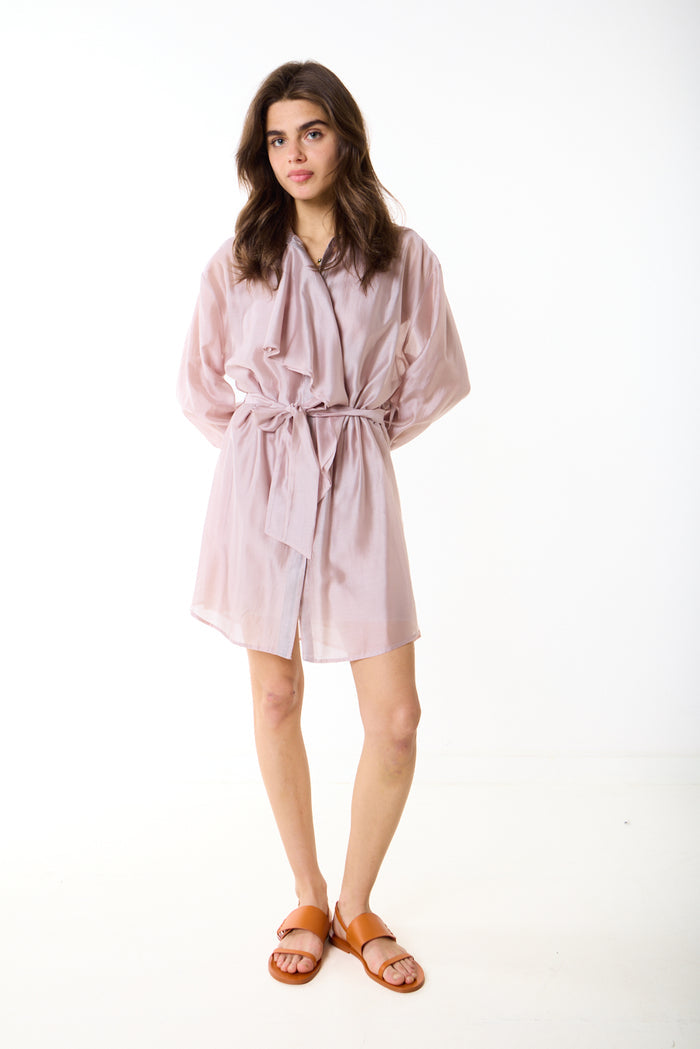Sheer belted button down relaxed mini shirt dress wholesale