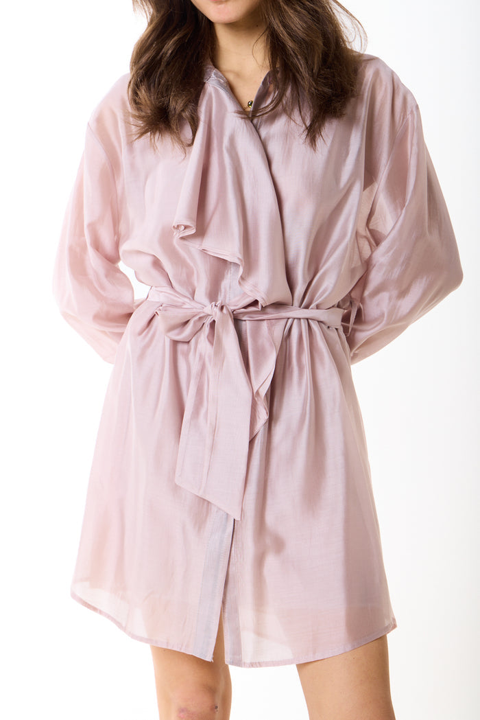 Sheer belted button down relaxed mini shirt dress wholesale
