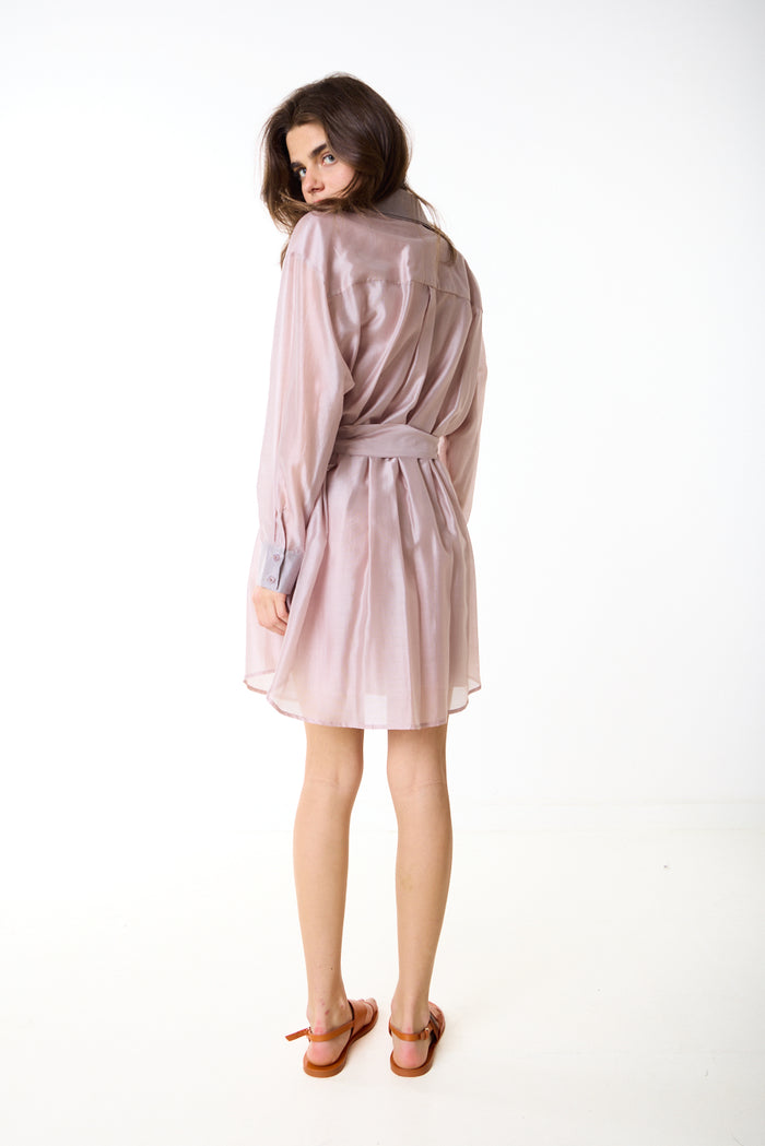 Sheer belted button down relaxed mini shirt dress wholesale