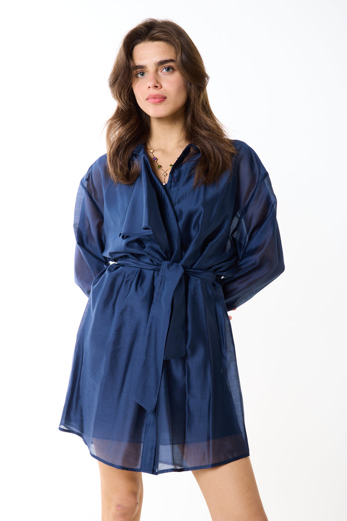 Sheer belted button down relaxed mini shirt dress wholesale