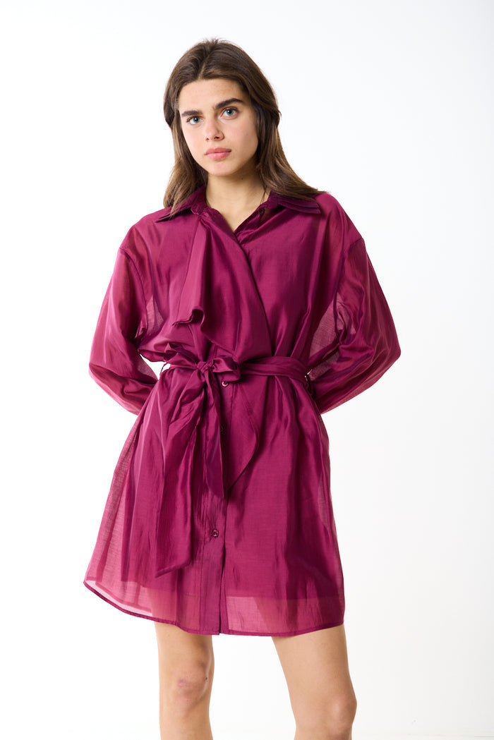 Sheer belted button down relaxed mini shirt dress wholesale