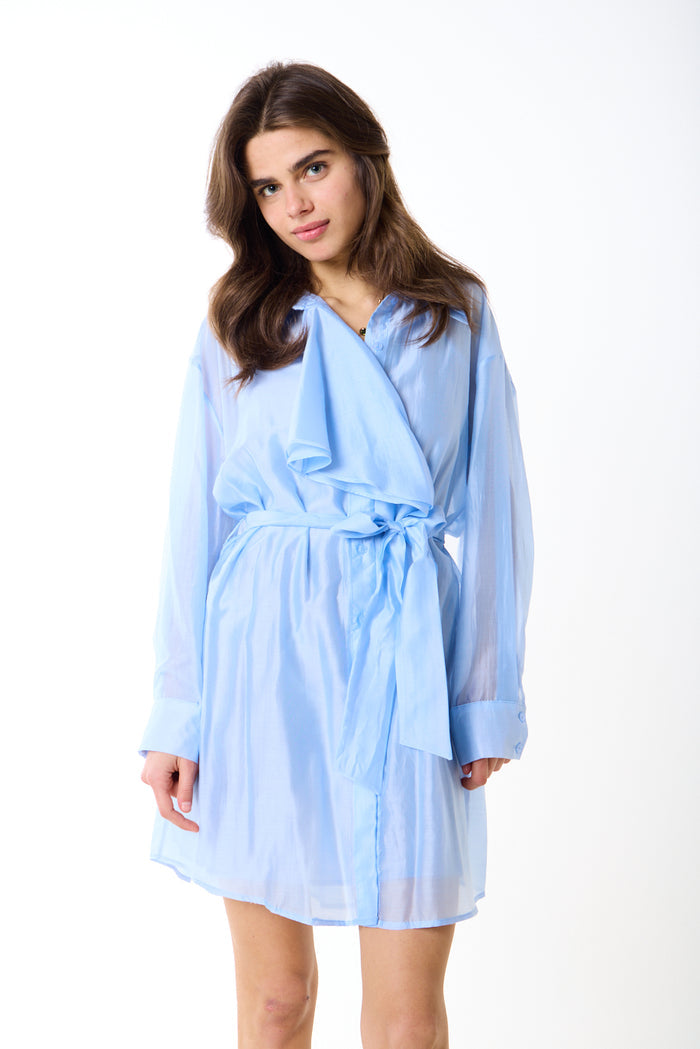Sheer belted button down relaxed mini shirt dress wholesale